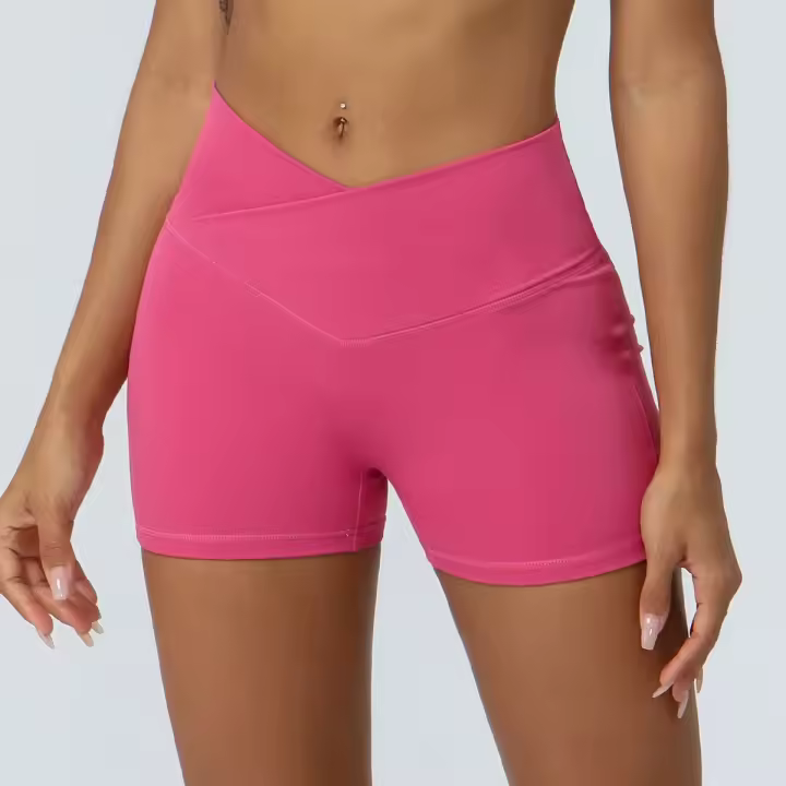 Pantalones cortos ajustados de cintura cruzada, Shorts de secado rápido para gimnasio, Yoga, levantamiento de cadera, elásticos, cintura alta, correr, Fitness - 1