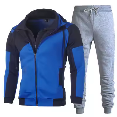 Sudadera con capucha y pantalones para hombre, chándal informal de doble cubierta con cremallera, delgado y cómodo, color sólido, 2 piezas - 1