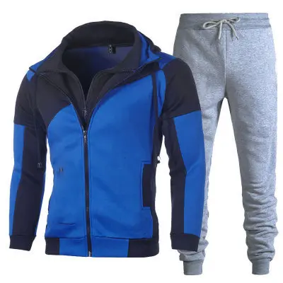 Sudadera con capucha y pantalones para hombre, chándal informal de doble cubierta con cremallera, delgado y cómodo, color sólido, 2 piezas - 1