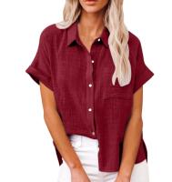 Verano mujer lino bolsillo blusa camisas pantalón corto casual manga OL entrenamiento blusa suelta Tops LRFZ-6022 - details 2