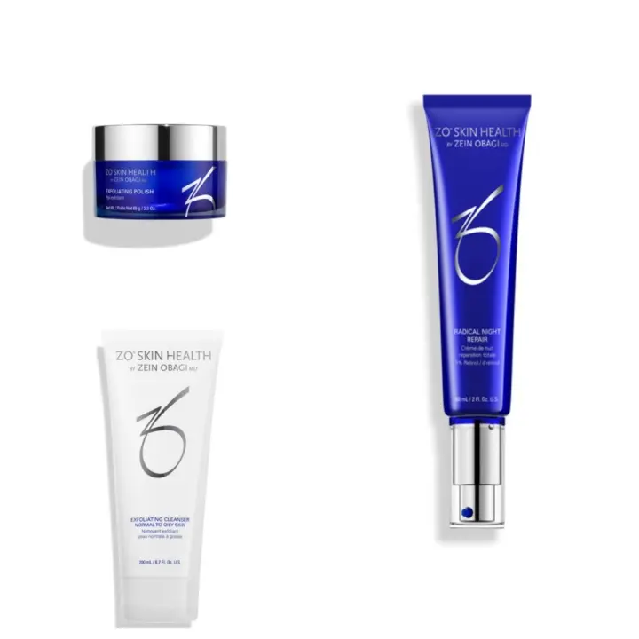 ZO SKIN Limpiador Exfoliante 200ml + Esmalte Exfoliante 65g + Radical Night Repair 60ml Set de tres piezas - 1