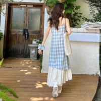 Vestido largo holgado Retro de verano para mujer, vestido con tirantes de dos piezas falso a cuadros para mujer - details 14