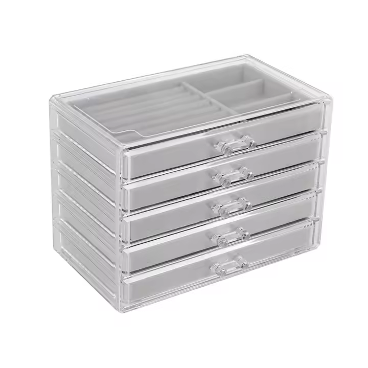 Organizador de joyas con 5 cajones, caja de acrílico transparente, soporte de exhibición de pendientes de terciopelo apilable, regalo - 1