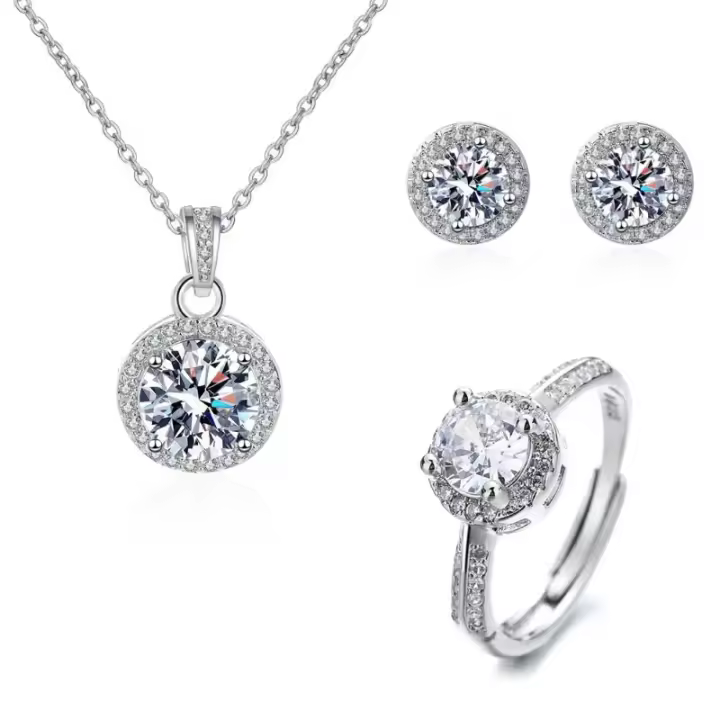 Conjunto de Plata de Ley 925 para Mujer Collar, Pendientes, Anillo, Cadena, Joyería de Moda - 1