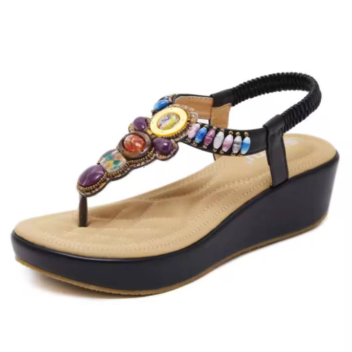 Sandalias de Mujer Verano 2025 Estilo Bohemio de Playa con Cuentas Sandalia Retro de Talón Ancho - 1