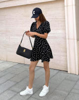 Vestido largo de estilo francés con estampado floral, pequeño, negro, otoño, nuevo, manga corta, cintura con abertura, corte en A - details 12