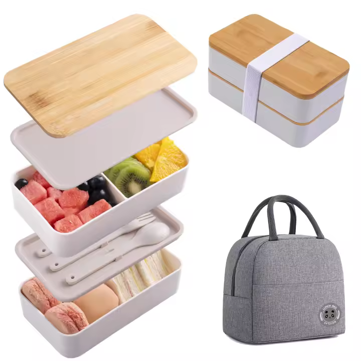 Fiambrera Bento Para Adultos y Niños, Fiambrera de Estilo Japonés con Bolsa térmica, Porta Alimentos, Cuchara y Tenedor - 1