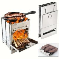 Estufa de leña plegable portátil de acero inoxidable, estufa de camping con mini parrilla, parrilla de barbacoa ligera - details 3