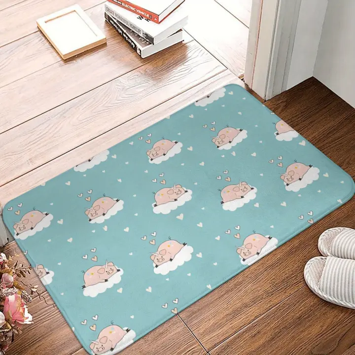 1 felpudo de franela antideslizante con diseño de nube de cerdo y cuerno de unicornio caprichoso - Alfombra de bienvenida interior rectangular azul claro franela - 1