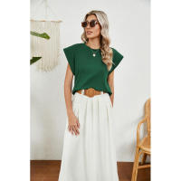 BUNO-2025 Tops para mujer, pantalón corto informal de moda de verano, camisetas básicas con textura a rayas de Color sólido y cuello redondo - details 7