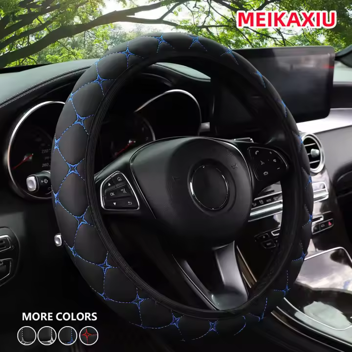 1 protector para volante de coche bordado de cuero PU sin anillo interior se adapta a accesorios interiores de 15 "para hombres y mujeres - 1