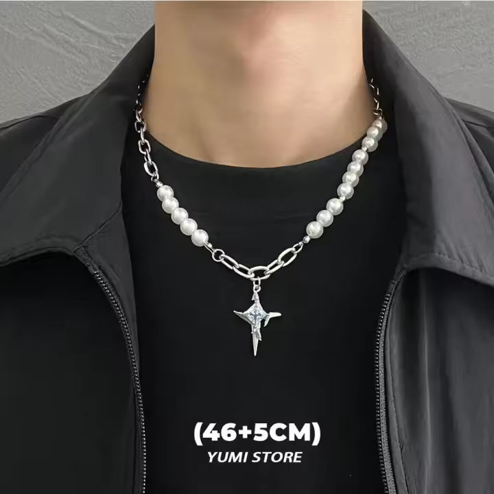 Collar cruzado de perlas de imitación de Hip Hop para hombres y mujeres, cadena de acero de titanio de tendencia, colgante Kpop, joyería, accesorios Unisex - 1