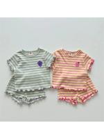 Conjunto de Ropa de Manga Corta a Rayas para Bebé Tops con Borde de Oreja para Niña + Traje Corto de 2 Piezas Patrón de Uva Novedad de Verano 2024 - details 3