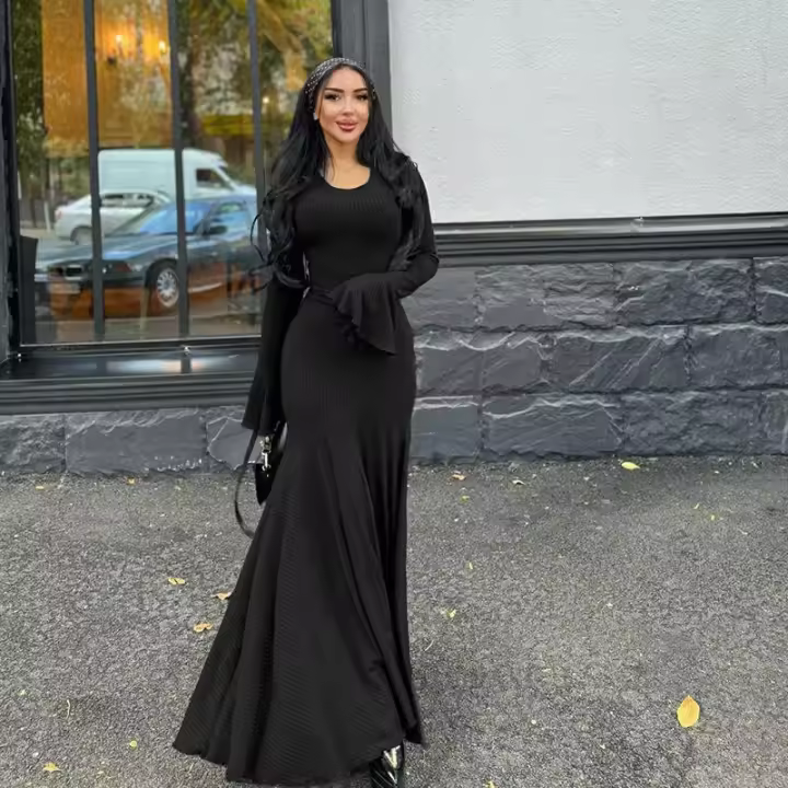 BUNO-vestido acanalado para Mujer, vestido clásico elegante con volantes, manga larga, cuello redondo, vendaje, vestido largo de sirena, Vestidos de calle alta para Mujer - 1