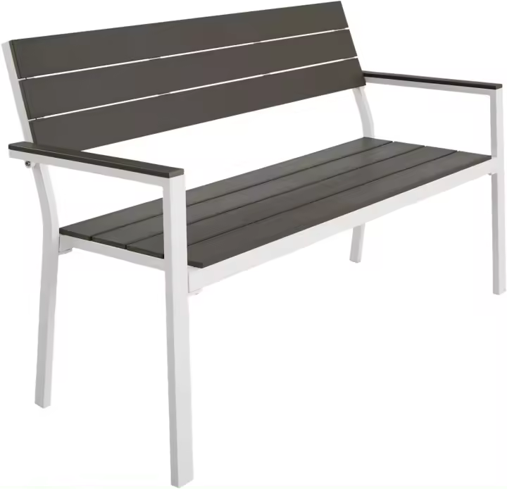 Banco de Jardín Moderno para Dos Personas, Estructura de Aluminio Resistente, Banco de Jardín, Asiento de Poliestireno Efecto Madera, Ideal para Patio y Terraza Exterior - Oscuro/Blanco - 1