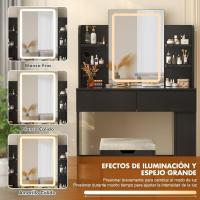 Tocador de Maquillaje con Luces LED, Brillo Ajustable, Mesa de Maquillaje con Espejo, con 2 Cajones Grandes y 4 Estantes Abiertos y Taquilla Lateral, Moderno, 90x40x135cm, Blanco - details 22