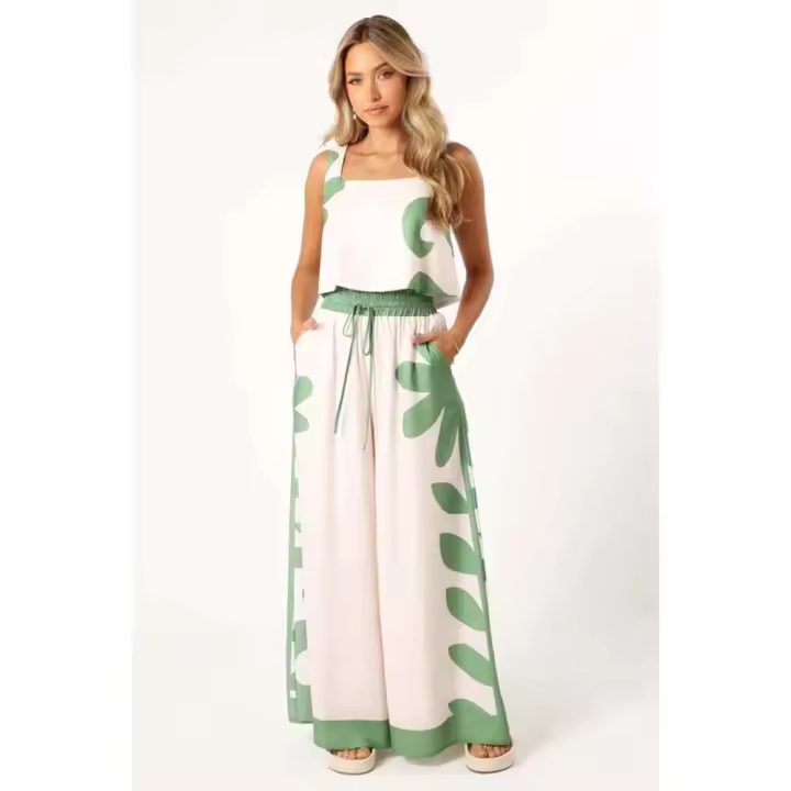 Traje de mujer con mangas casuales de verano de pierna ancha y cintura alta - 1