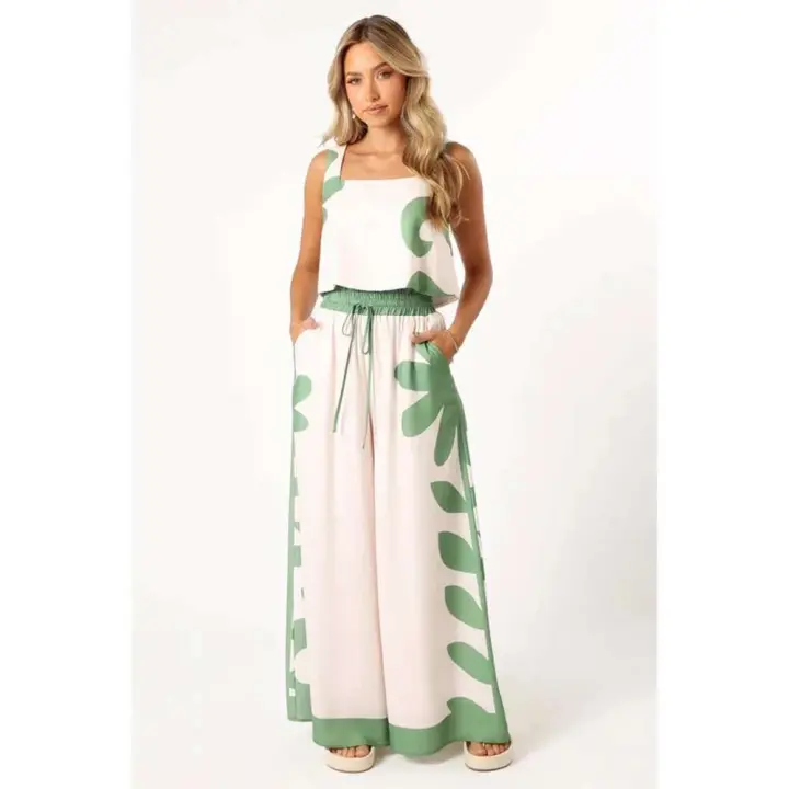 Traje de mujer con mangas casuales de verano de pierna ancha y cintura alta - 1