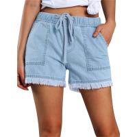 Pantalones Cortos de Mesa para Mujer Pantalones Vaqueros Sueltos con Cordón, Cintura Elástica, Dobladillo Deshilachado, Bolsillos - details 0