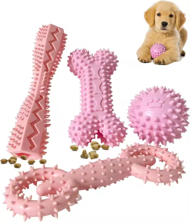 Paquete de 4 juguetes para cachorros de 2 a 8 meses, juguete masticable para perros pequeños, juguetes para la dentición para limpiar los dientes, dispensador de alimentos, hueso de goma suave y duradero, pelota divertida, donut interactivo, mancuerna - 1