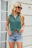 Camisa y blusa de verano para mujer, blusa holgada de gasa de Color sólido sin mangas con botones, hermosa en promociones, Tops femeninos - details 21