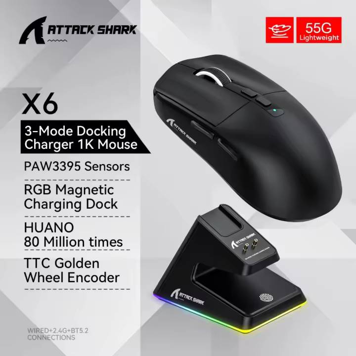 Ratón de Juegos Ataque Cangrejo X6 Conexión Bluetooth Tri-Modo Base de Carga Magnética RGB - 1