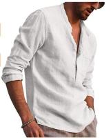 Camisa informal de lino para hombre, camisa de manga larga con cuello en V, ropa de playa, 2024 - details 6