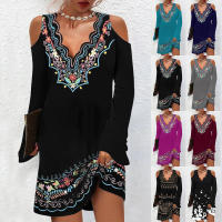 Vestido de manga larga para mujer, estampado vintage, étnico ondulado, cuello en V, fuera del hombro acampanado - details 1