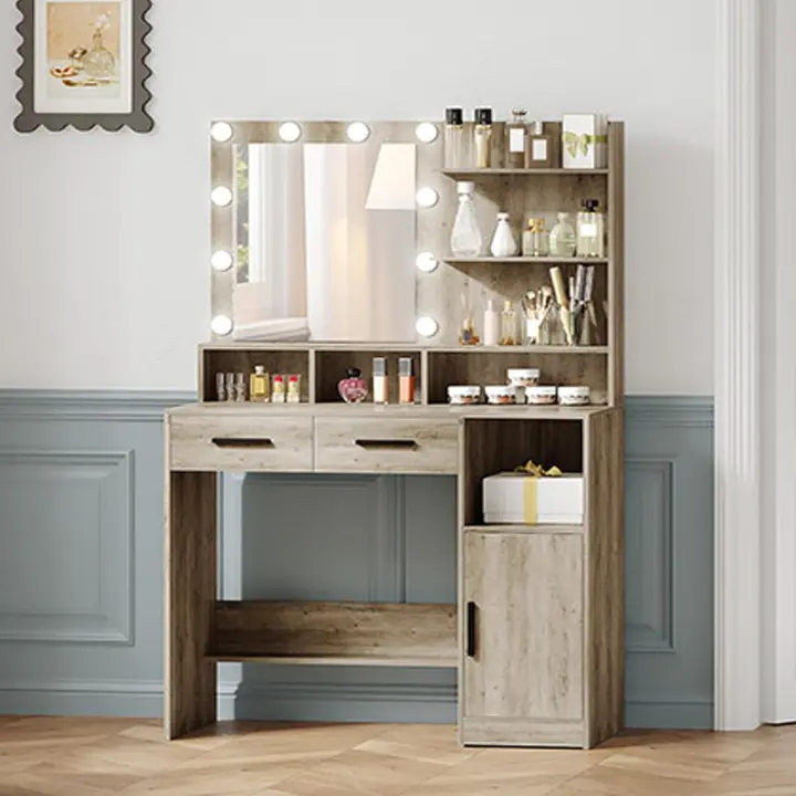 Mesa de Maquillaje con Espejo y LED Regulables Diseño de Cajón de 2 y Armario - 1
