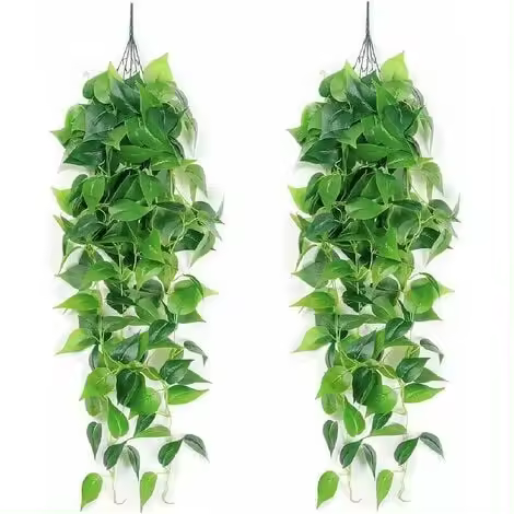 Flores y plantas artificiales, paquete de 2 plantas Pothos artificiales, hiedra de hoja verde colgante para decoración de hogar y jardín - 1