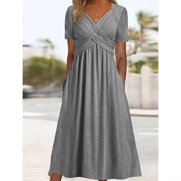 Vestido de manga corta con cuello en V para mujer, moda de verano - 1