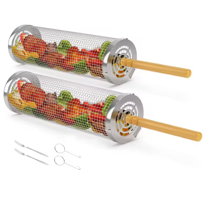 2 cestas de parrilla rodantes, jaula portátil para asar con tenedor, accesorios de barbacoa para asar al aire libre, cesta de re - 1