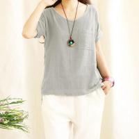 Camiseta Holgada de Lino y Algodón para Mujer Camisas de Manga Corta, Top Informal con Cuello Redondo, Verde Holgado, Top de Verano - details 6