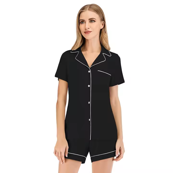 Conjunto de pijama con botones para mujer, manga corta y pantalones cortos, ropa de dormir, conjuntos de salón suaves para novia en negro - 1