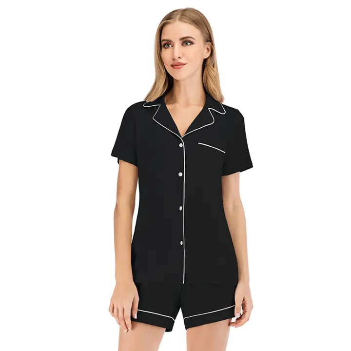 Conjunto de pijama con botones para mujer, manga corta y pantalones cortos, ropa de dormir, conjuntos de salón suaves para novia en negro - 1