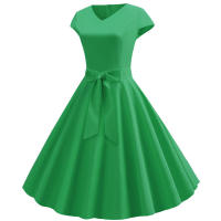 Women summer vintage with belt short sleeve v neck elegant retro swing party dresses - details 32