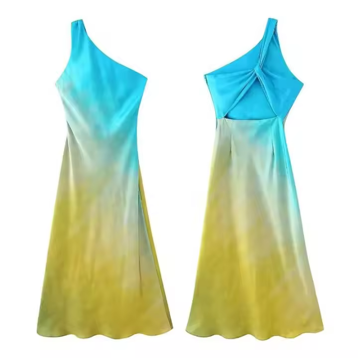 Vestido Largo de Verano 2024 para Mujer Cuello Diagonal con Estampado de Gradiente - 1