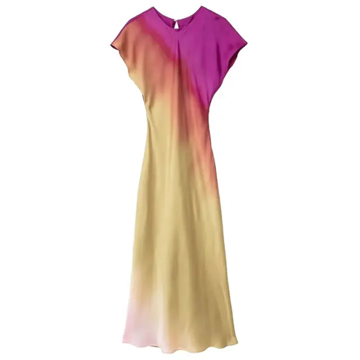 TRAFZA-Vestido de manga corta con estampado para mujer, traje Midi de cuello redondo, Estilo Vintage, informal, de satén, elegante, para primavera - 1