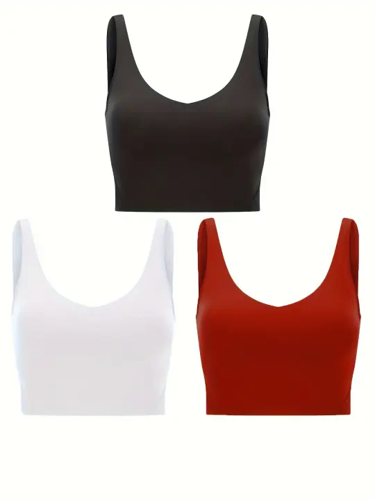 Sujetador Deportivo De Color Sólido, Ropa Deportiva Con Cuello En V Y Almohadillas Para El Pecho, 3 Uds. - 1