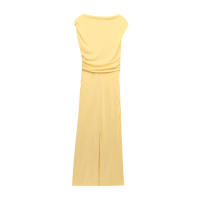 Elegante Vestido de Verano Largo TRAFZA 2025 Vestido Amarillo con Cuello Redondo y Pliegues, Sin Mangas con Cremallera - details 1