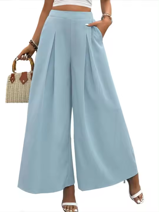 Pantalones Haruku clásicos de verano de pierna ancha sueltos con cintura elástica azul para mujer - 1