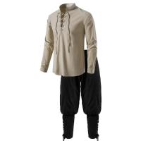Conjunto de disfraz de caballero Medieval para hombre, camisas de pirata de Cosplay renacentista, pantalones con bandas en el tobillo para Halloween, tela de lino y algodón, 2 uds. - details 3