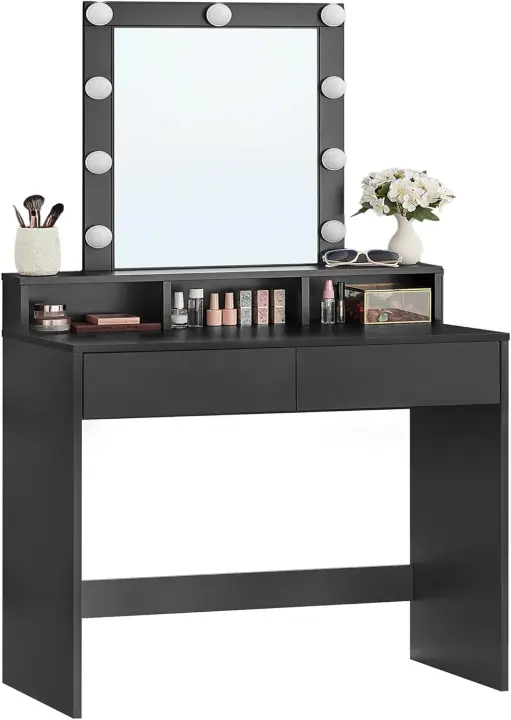 Tocador, Luces LED con Brillo Ajustable, Mesa de Maquillaje con Espejo, 2 Cajones y 3 Compartimentos, Moderno, Blanco RDT164W01 - 1