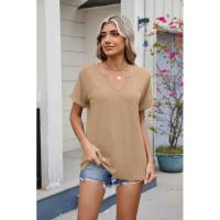 BUNO-2025 Nueva camiseta holgada de manga corta con cuello en V de Color sólido para mujer - details 10
