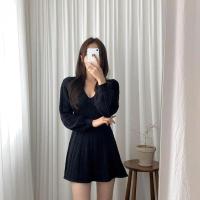 Falda corta de punto para mujer, ropa elegante de manga larga con cuello puntiagudo, usada, negra, invierno - details 32