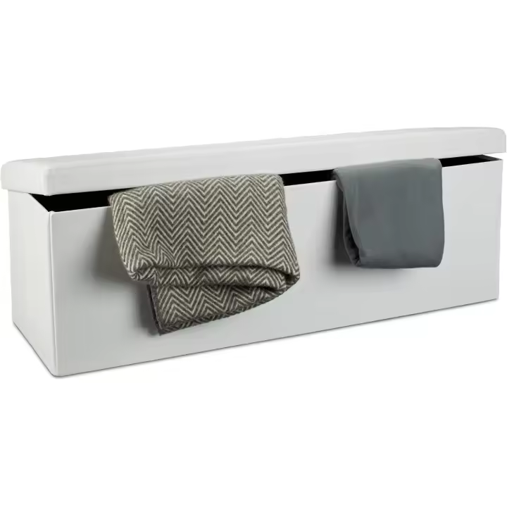 Banco plegable, Baúl de almacenaje, Cuero sintético, 38 x 114 x 38 cm, Crema - 1