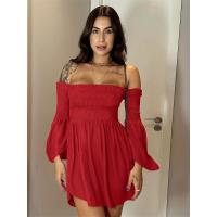 Vestido corto de verano para mujer, de color sólido, con hombros descubiertos y mangas acampanadas - details 8