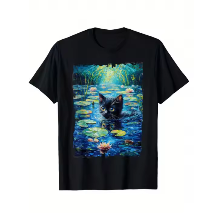 Camiseta gráfica Monet "Gato Negro y Nenúfares" - Camiseta informal unisex de algodón, corte holgado, lavable a máquina, tallas S-XXXL, 100% algodón, cuello redondo, camiseta artística |     Diseño de escena de estanque |     Camiseta 100% algodón - 1