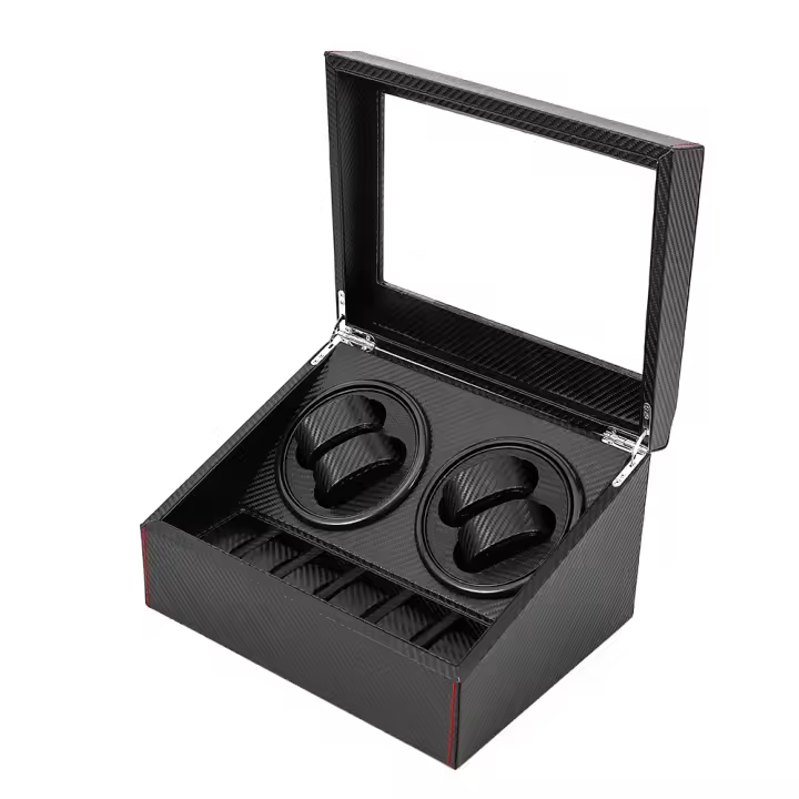 Caja enrolladora de reloj de rotación automática, estuche de almacenamiento de exhibición de reloj de fibra de carbono, negro, 4 + 6 - 1