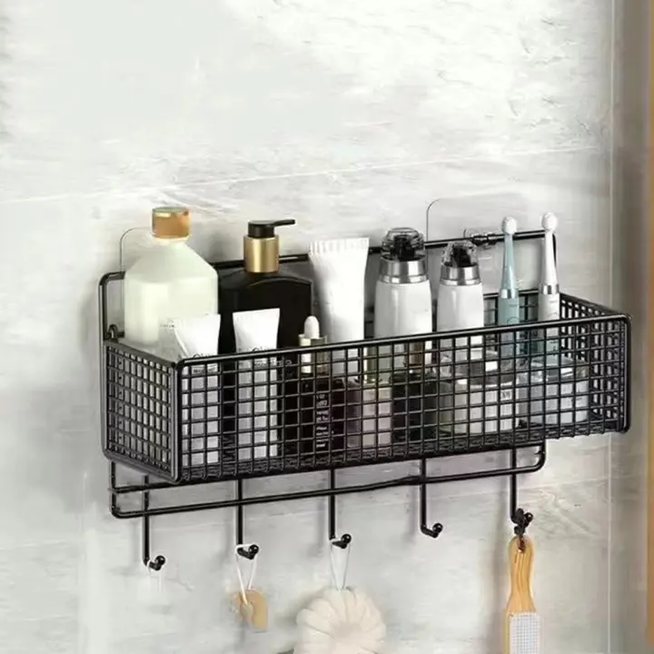 Práctico estante de almacenamiento para el baño de hierro, estante Rectangular para champú sin perforaciones, soportes para especias montados en la pared para ahorrar espacio, cocina - 1